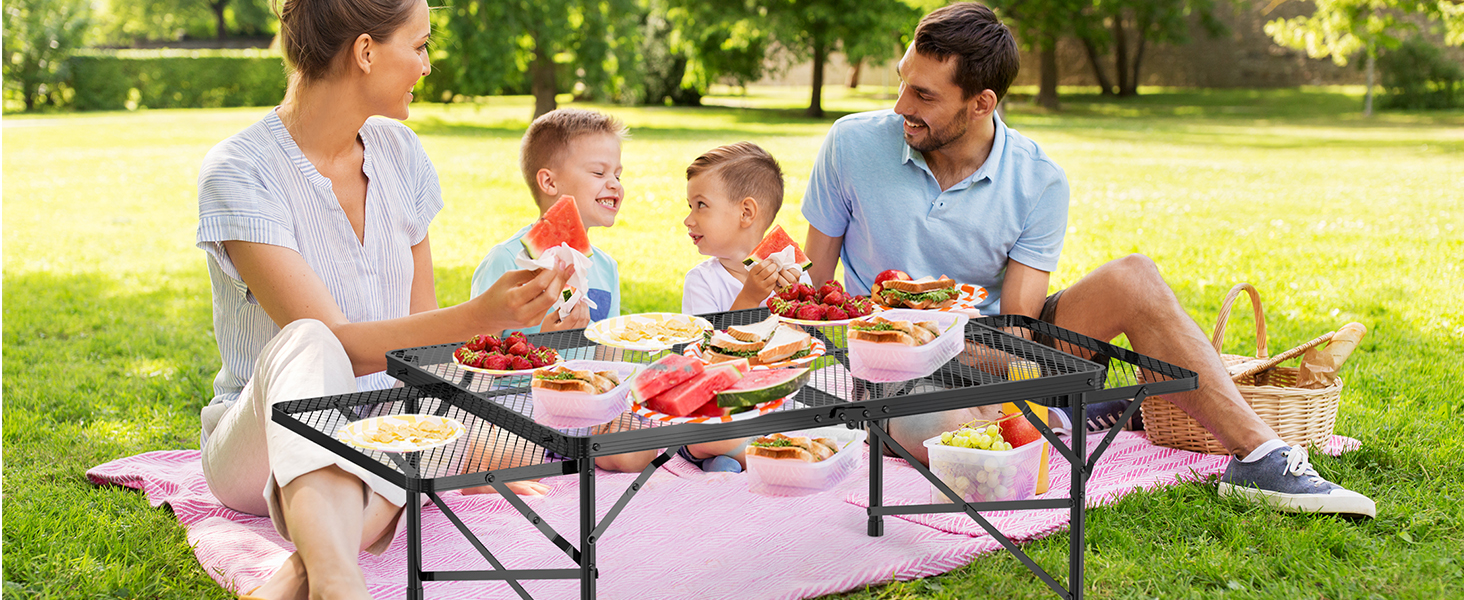 WildFinder folding table with wing panels at a family picnic in the park