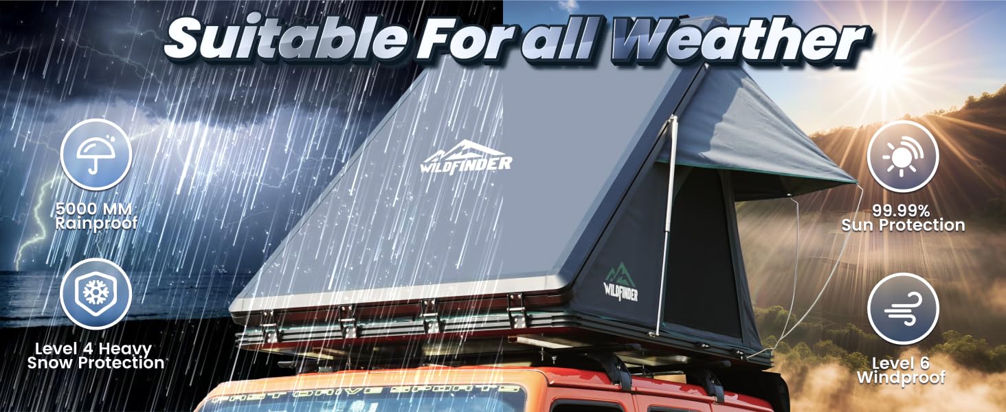 WildFinder rooftop tent all-weather ratings: 5000mm rainproof, snow, sun and wind protection