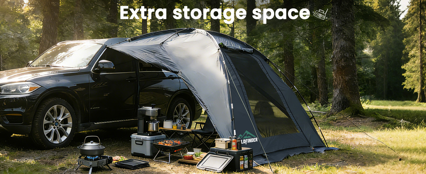 WildFinder car-side tent providing extra storage and gear space beside the vehicle