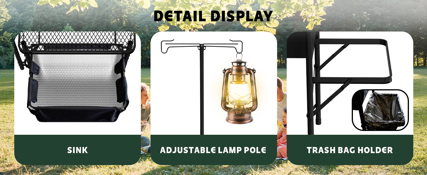 WildFinder cooking station detail display: sink, adjustable lamp pole, trash-bag holder