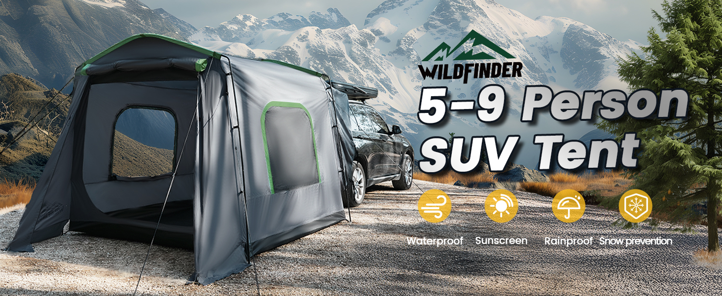 WildFinder 5-9 person SUV tent branded banner beside an SUV