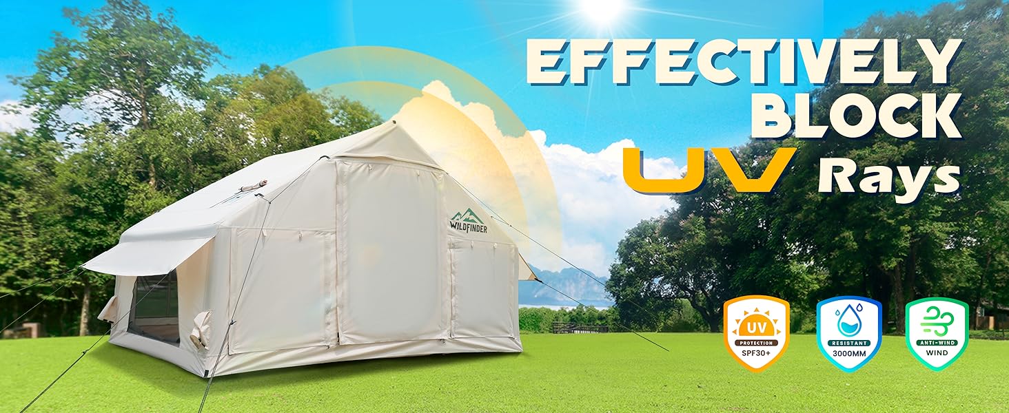 WildFinder inflatable tent effectively blocks UV rays with UPF30, PU3000mm and wind resistance