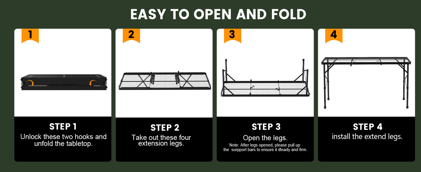 WildFinder 4x2 FT folding table easy to open and fold in four steps