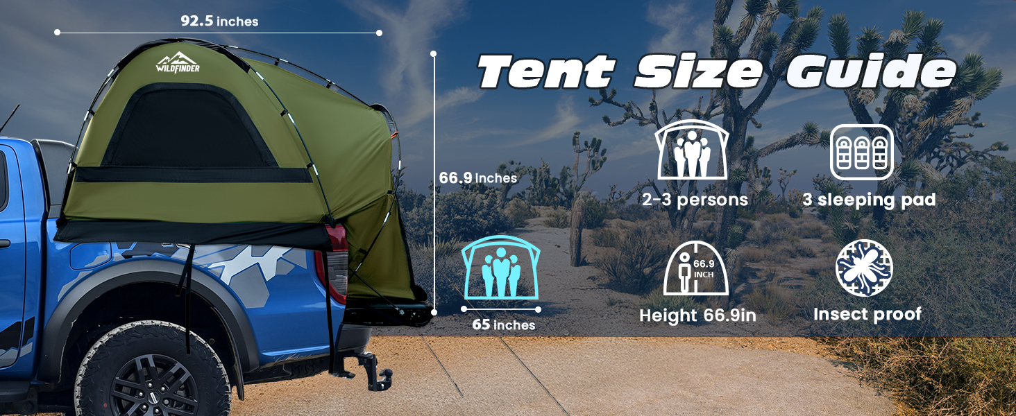 WildFinder truck bed tent size guide with dimensions and capacity icons