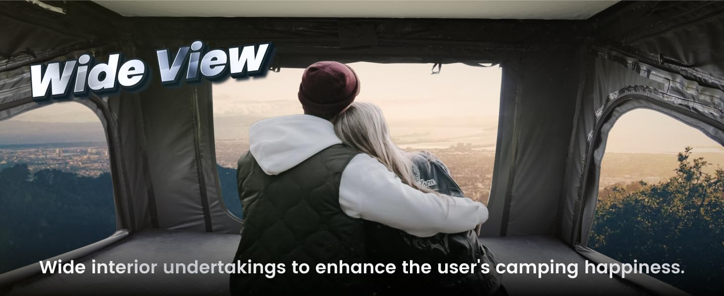 WildFinder rooftop tent wide-view interior with large mesh windows