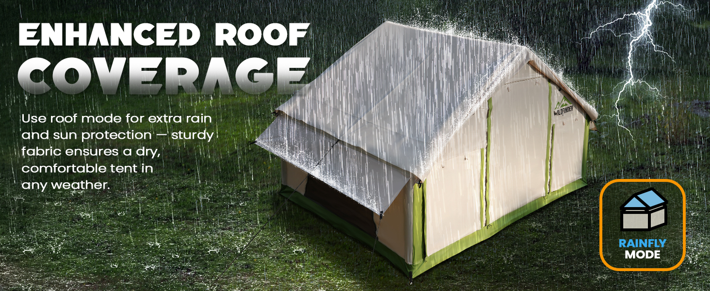 WildFinder green inflatable tent enhanced roof coverage in rainfly mode