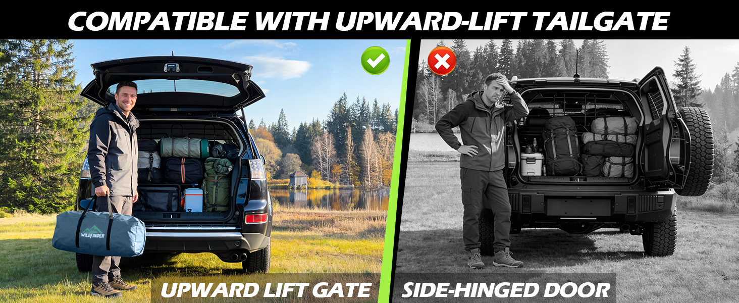 WildFinder SUV tent compatible with upward-lift tailgate, not side-hinged doors
