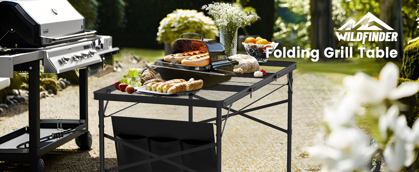 WildFinder 4x2 FT folding grill table set with food next to a barbecue