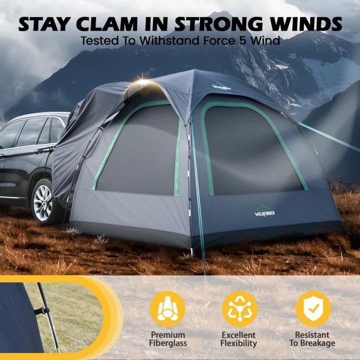 WildFinder dome SUV tent stays stable in strong force-5 winds with fiberglass poles