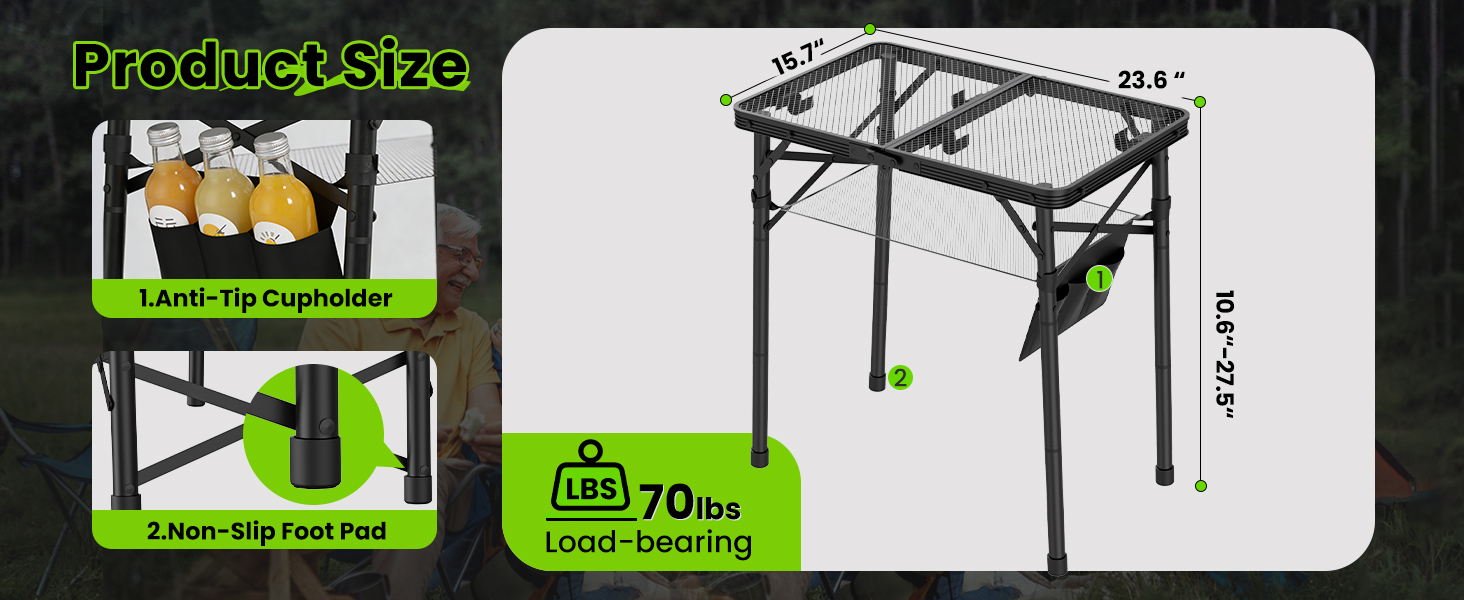 WildFinder 2x1.3 FT table product size with anti-tip cupholder and 70 lb load-bearing