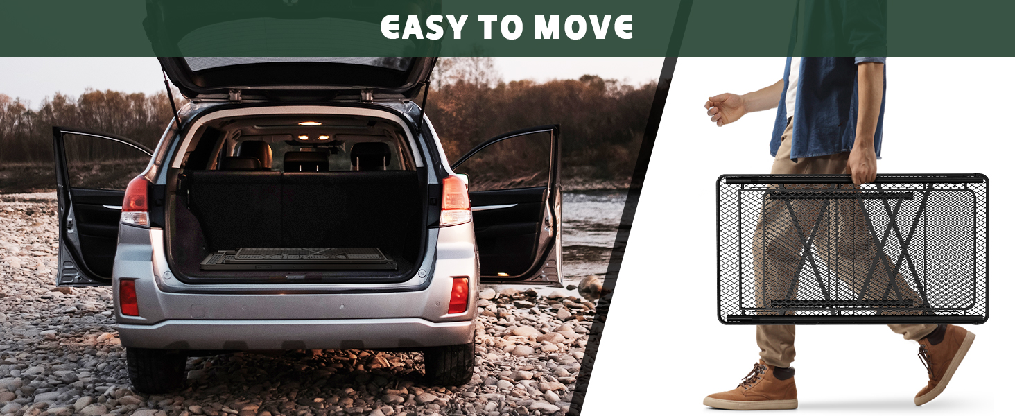 WildFinder cooking station folded and loaded into a car, easy to move