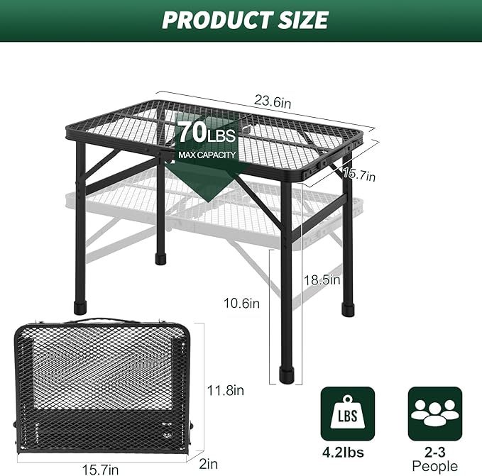 WildFinder 2x1.3 FT folding table product size and 70 lb capacity diagram