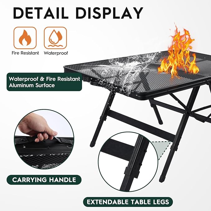 WildFinder 3 FT folding table detail: fire resistant, waterproof, carrying handle, extendable legs