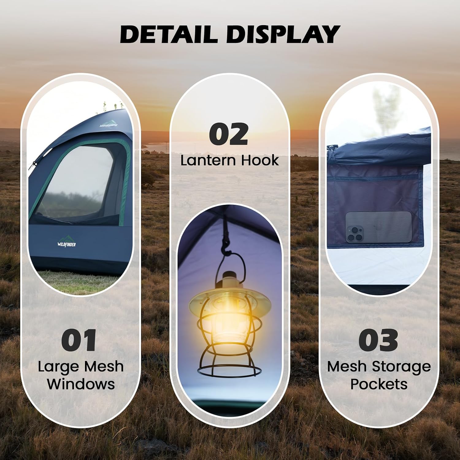 WildFinder dome SUV tent detail: large mesh windows, lantern hook, mesh storage pockets