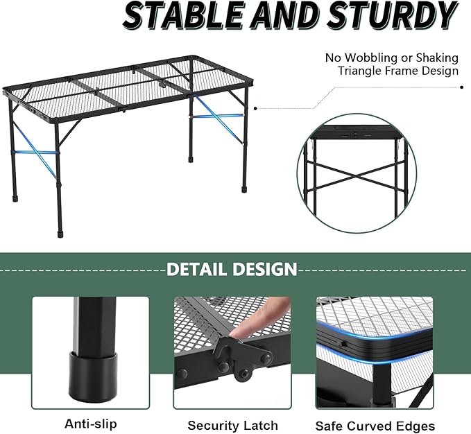 WildFinder 4x2 FT folding table stable triangle frame with anti-slip and security latch