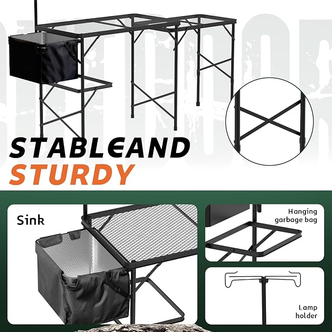 WildFinder cooking station detail: sink, hanging garbage bag, lamp holder