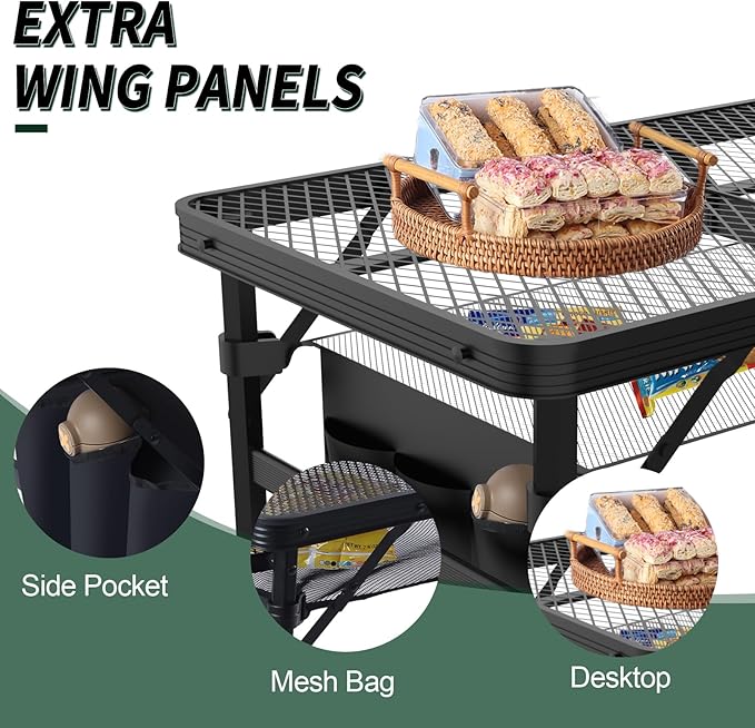 WildFinder 2x1.3 FT folding table holding food with mesh bag storage underneath