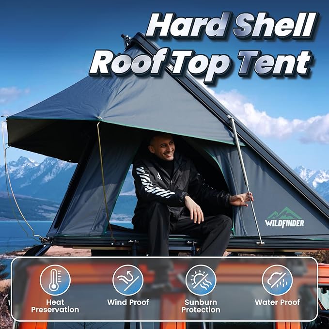 WildFinder hard shell roof top tent with heat preservation, windproof, sunproof and waterproof features