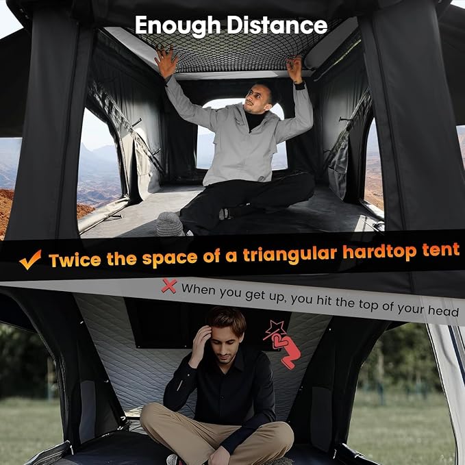 WildFinder rooftop tent interior with twice the space of a triangular hardshell tent