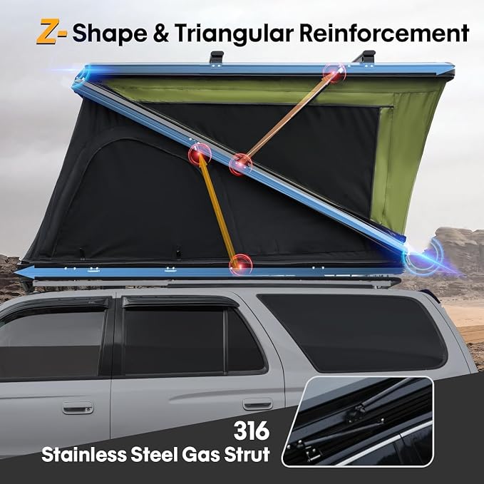 WildFinder rooftop tent Z-shape design with 316 stainless steel gas strut