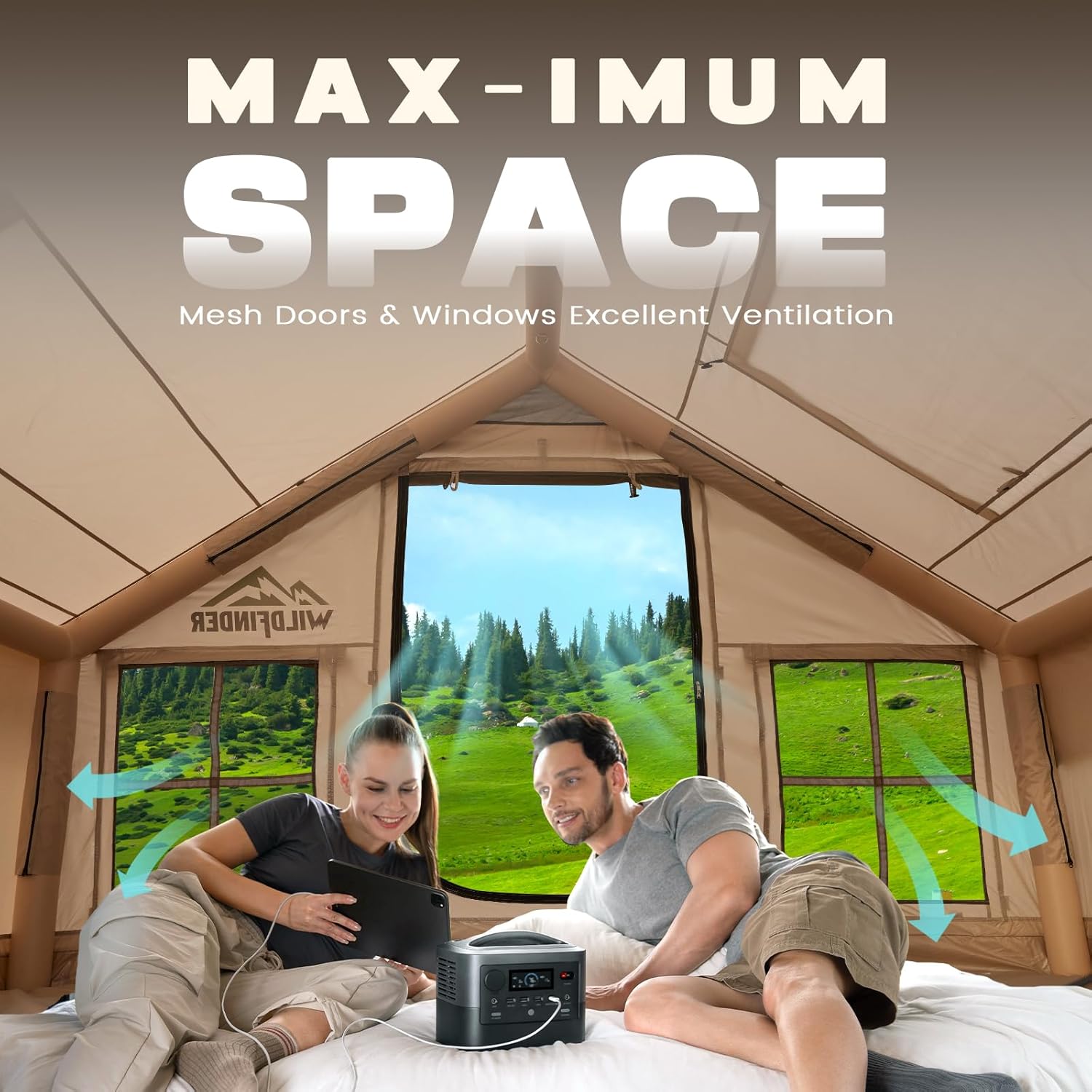 WildFinder inflatable tent maximum interior space with mesh doors and windows