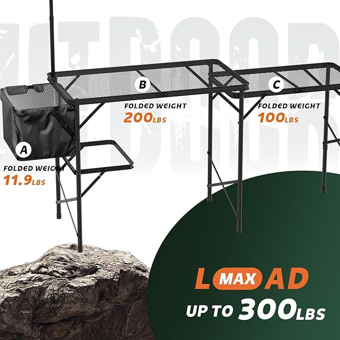 WildFinder cooking station with A B C sections, load up to 300 lbs
