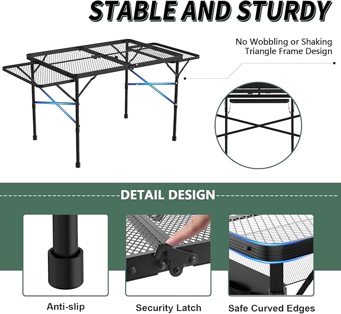 WildFinder folding table stable triangle frame with anti-slip feet and security latch