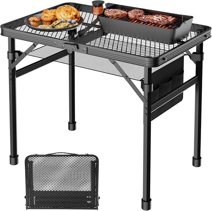 WildFinder 2x1.3 FT compact folding grill table with a small grill and food
