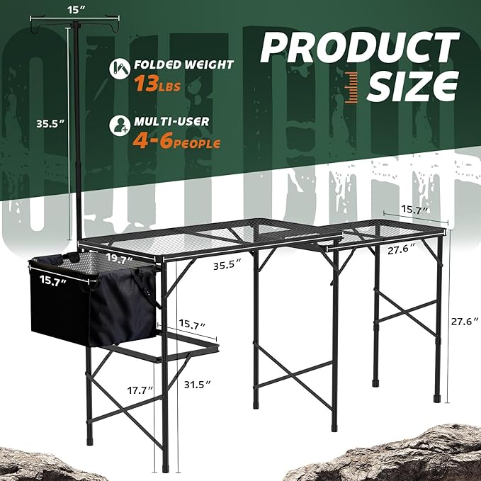 WildFinder cooking station product size, 69 inches and 4-6 people
