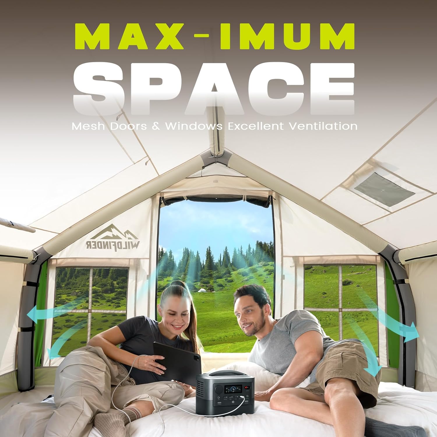 WildFinder green inflatable tent maximum interior space with mesh doors and windows