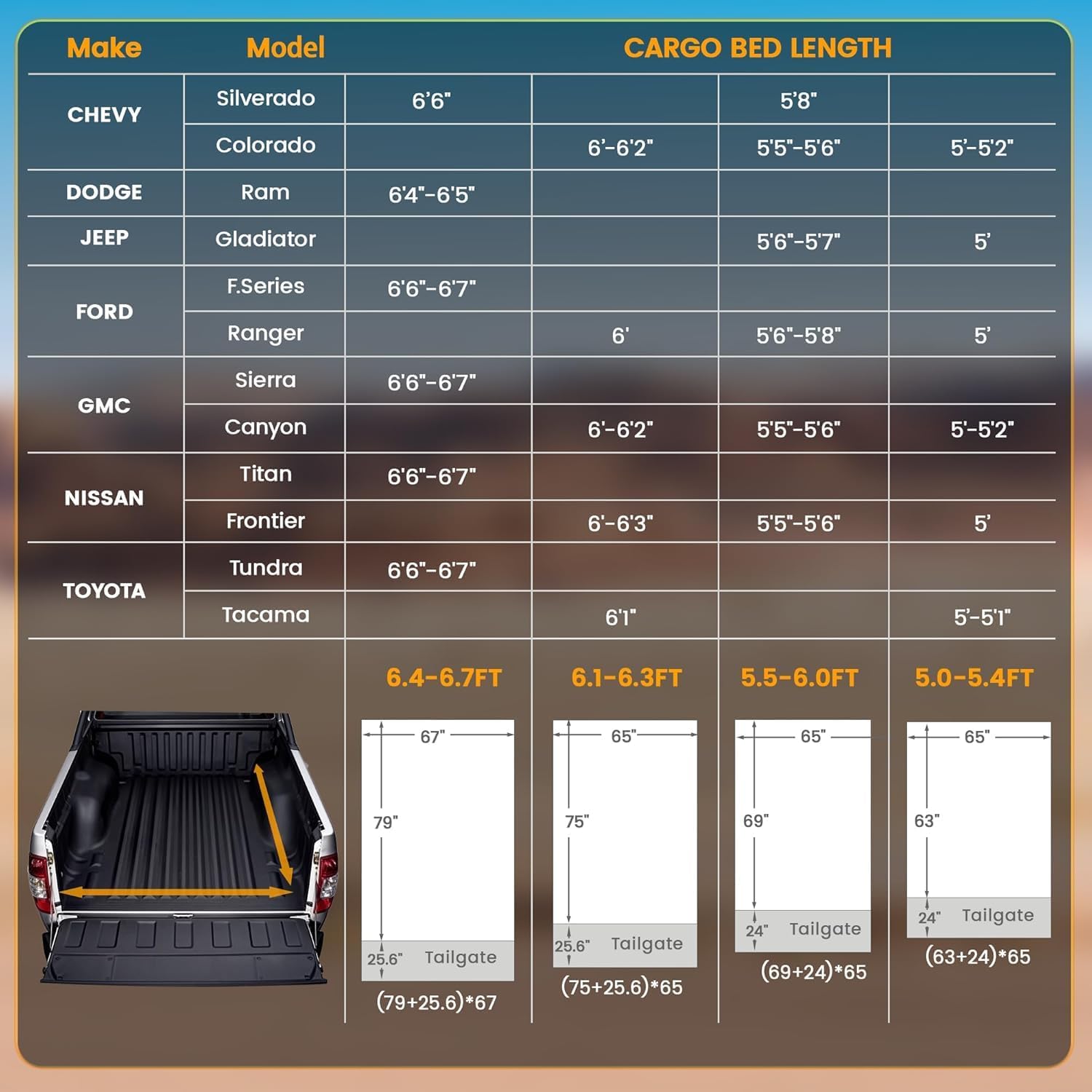 WildFinder truck bed tent compatibility chart for Chevy, Ford, Ram, GMC, Nissan and Toyota beds