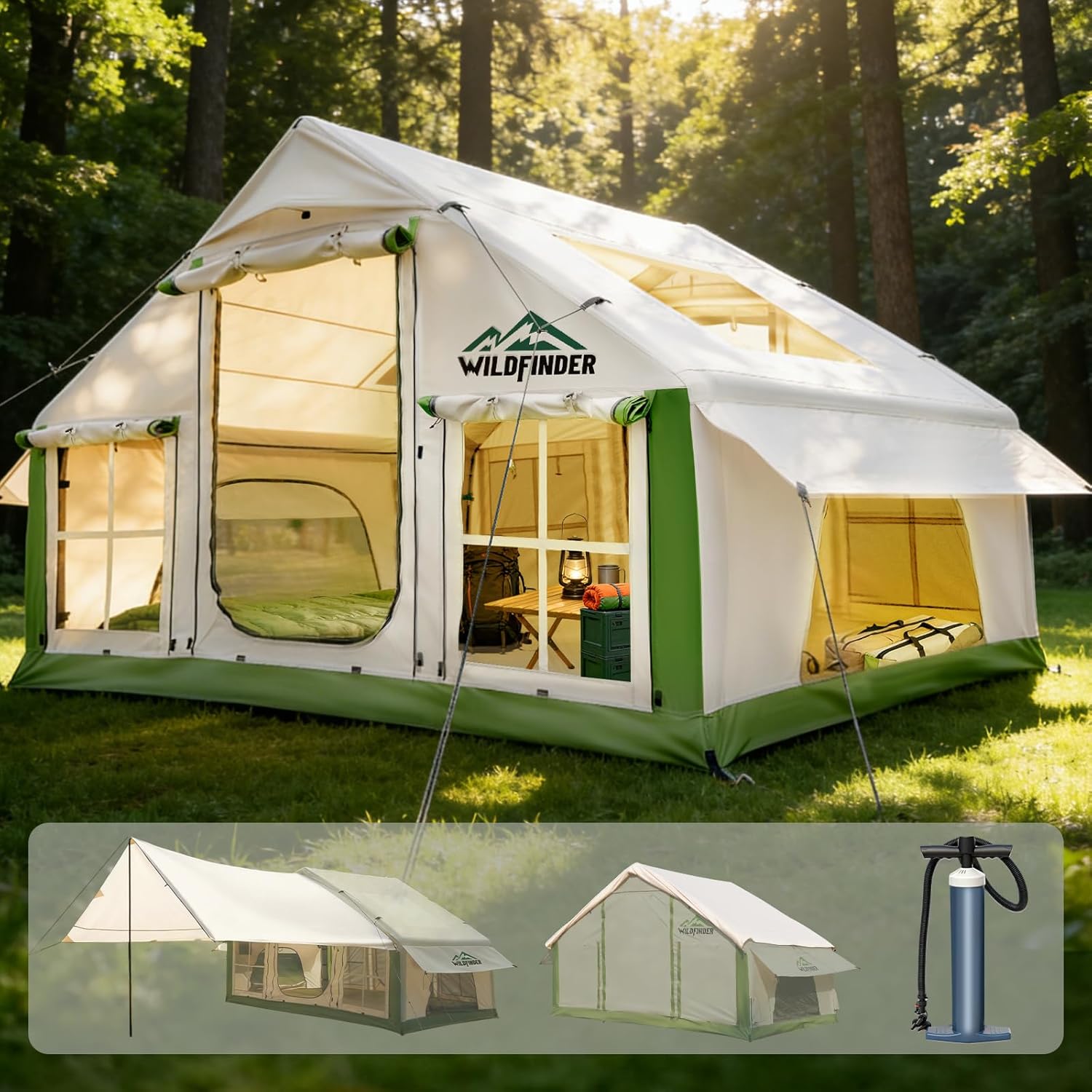 WildFinder green inflatable glamping tent with skylight and awning in a forest