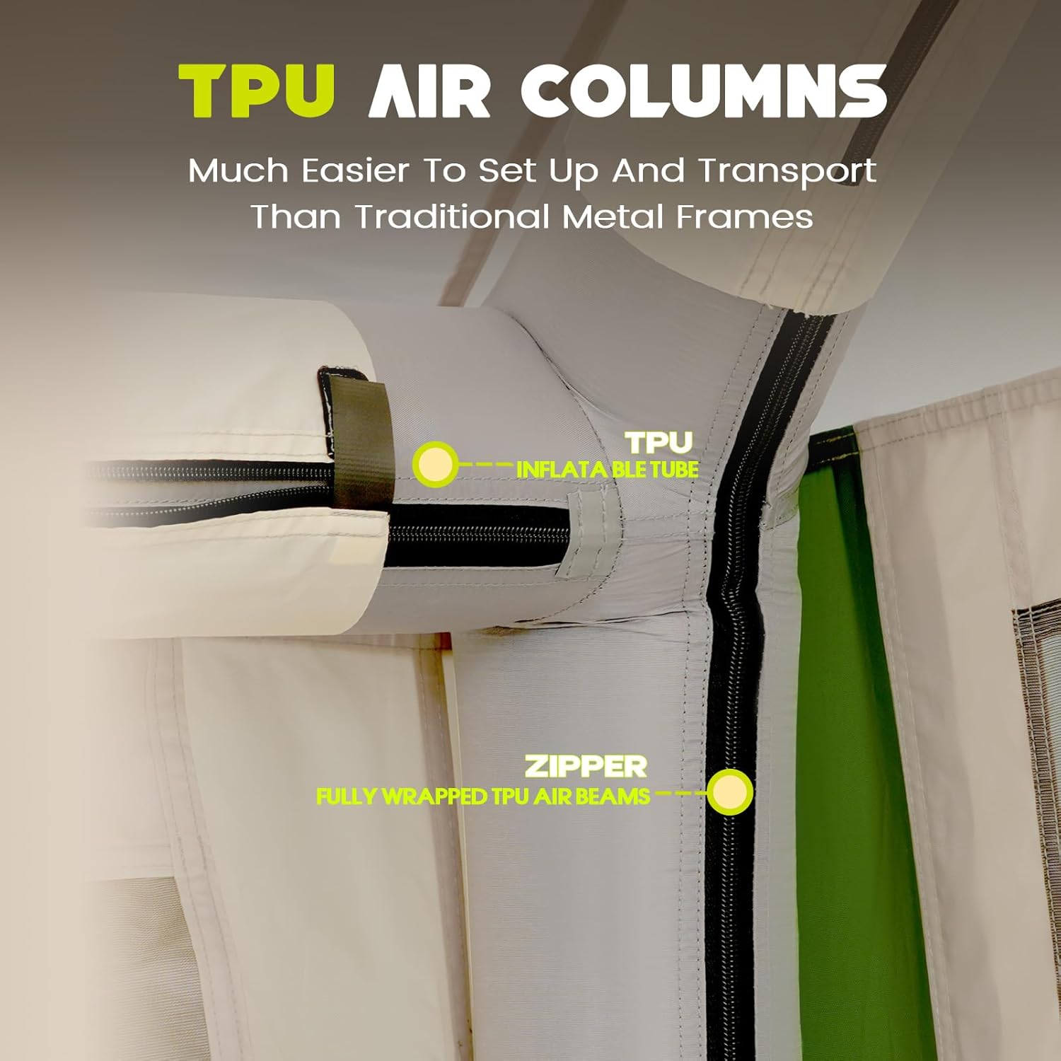 WildFinder green inflatable tent TPU air columns with fabric-wrapped beams