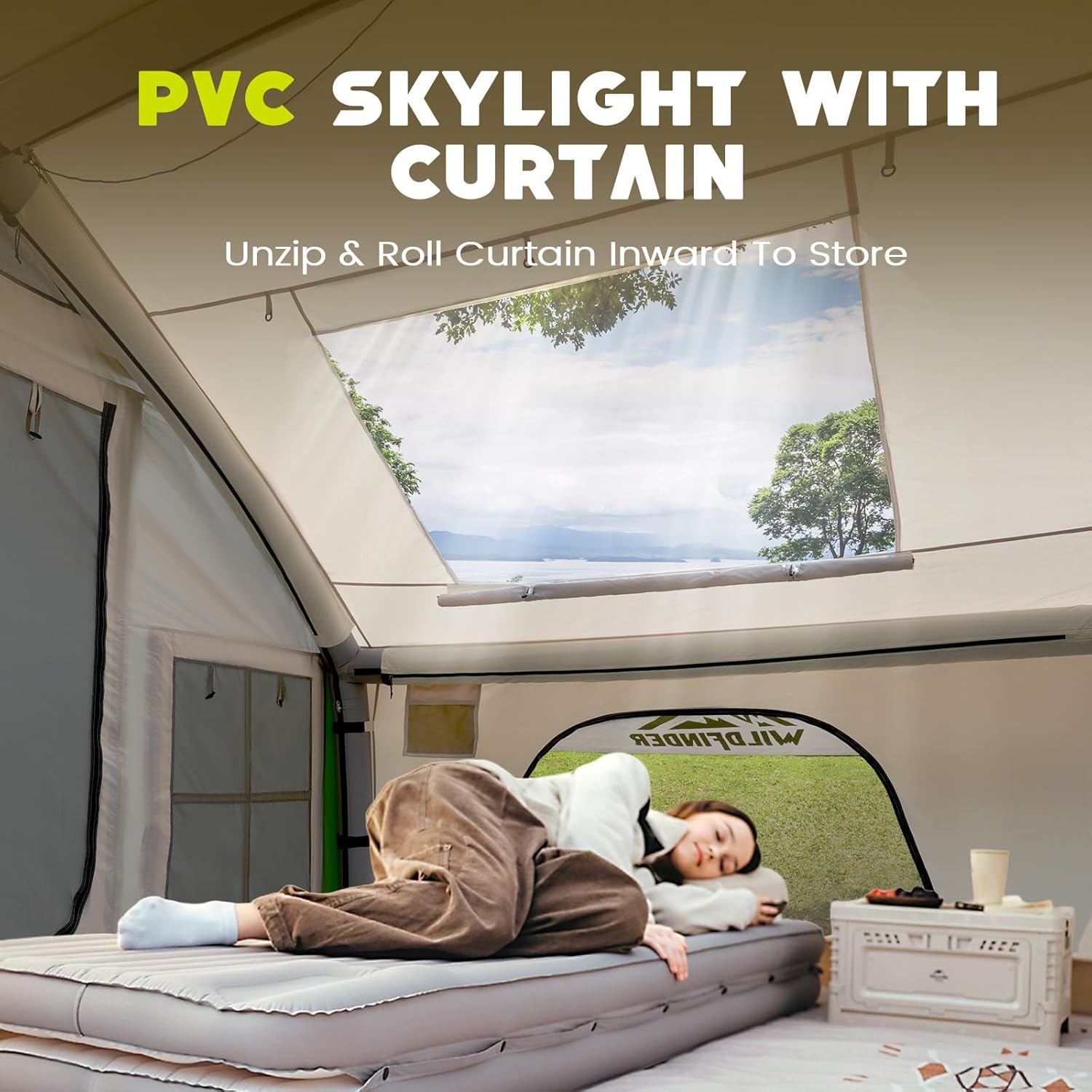 WildFinder green inflatable tent PVC skylight with roll-away privacy curtain