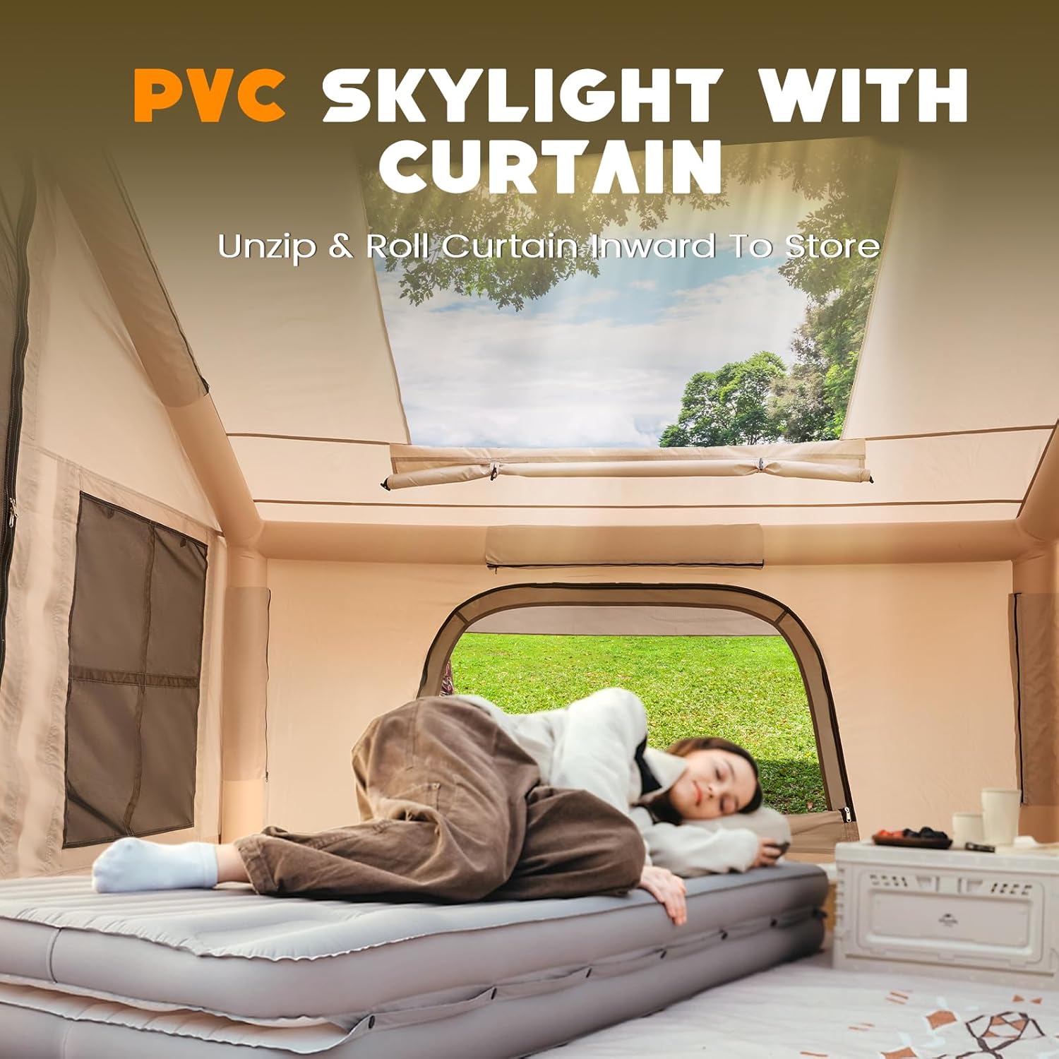 WildFinder inflatable tent PVC skylight with roll-away privacy curtain