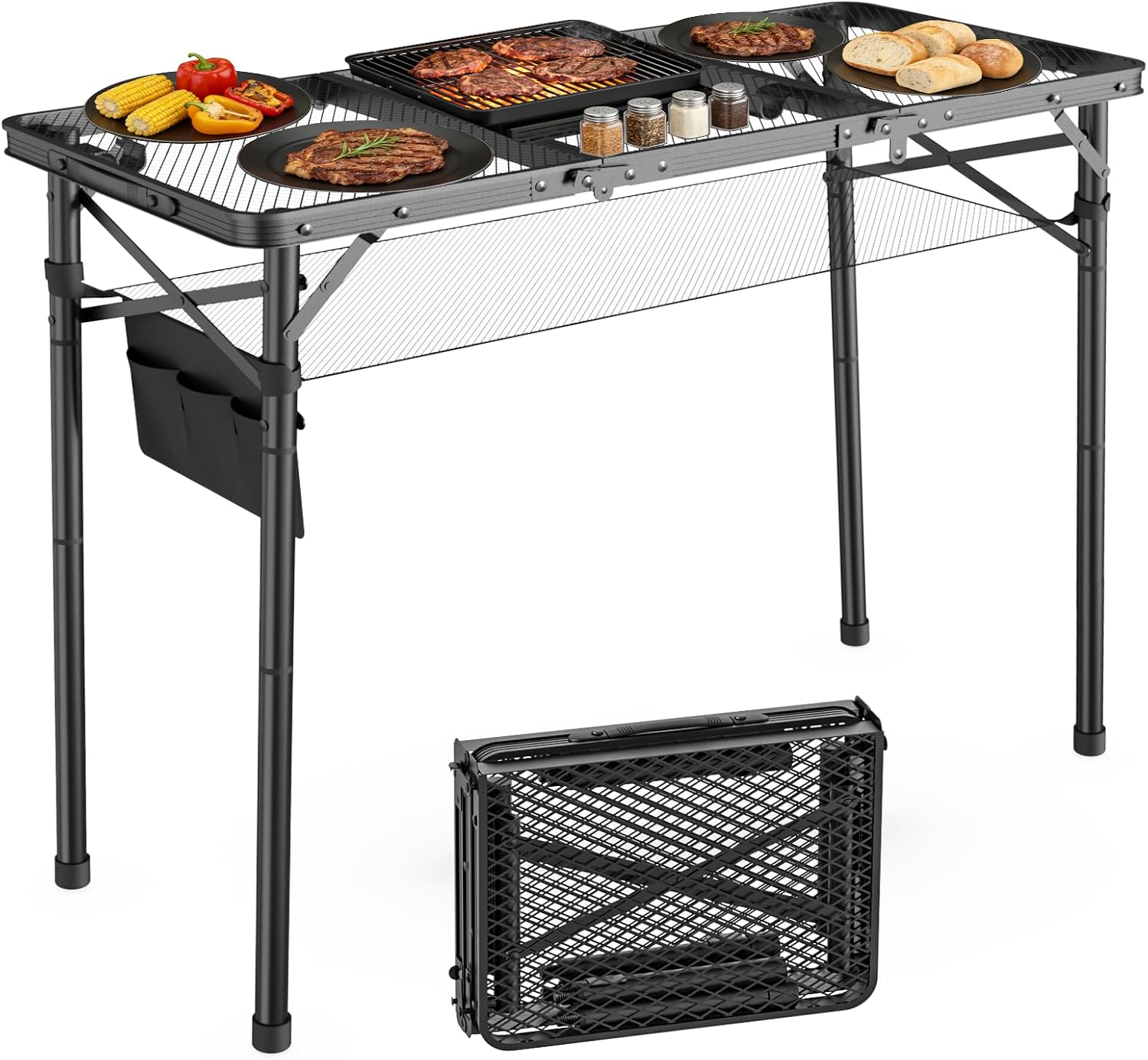 WildFinder 3x1.3 FT extra-tall folding grill table with food and storage