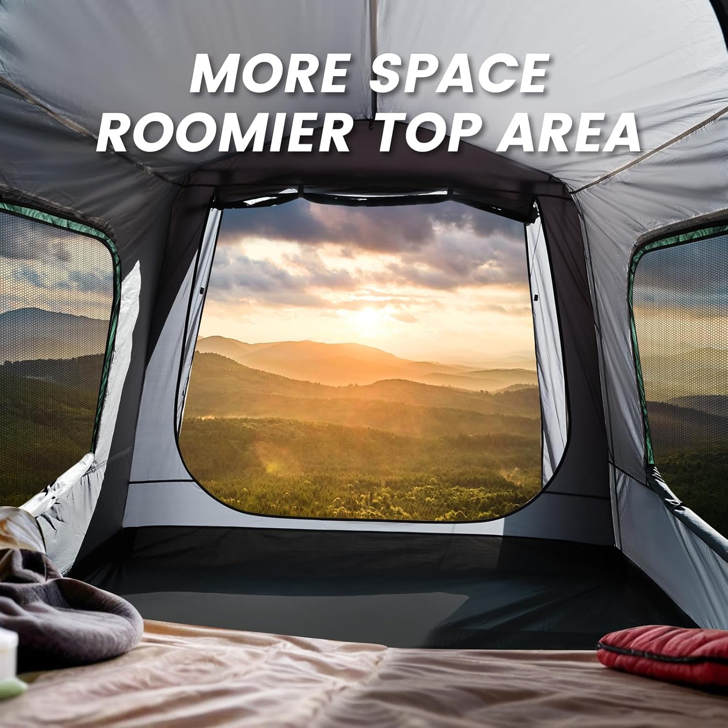 WildFinder 5-9 person SUV tent interior with a roomier top area and a sunset view