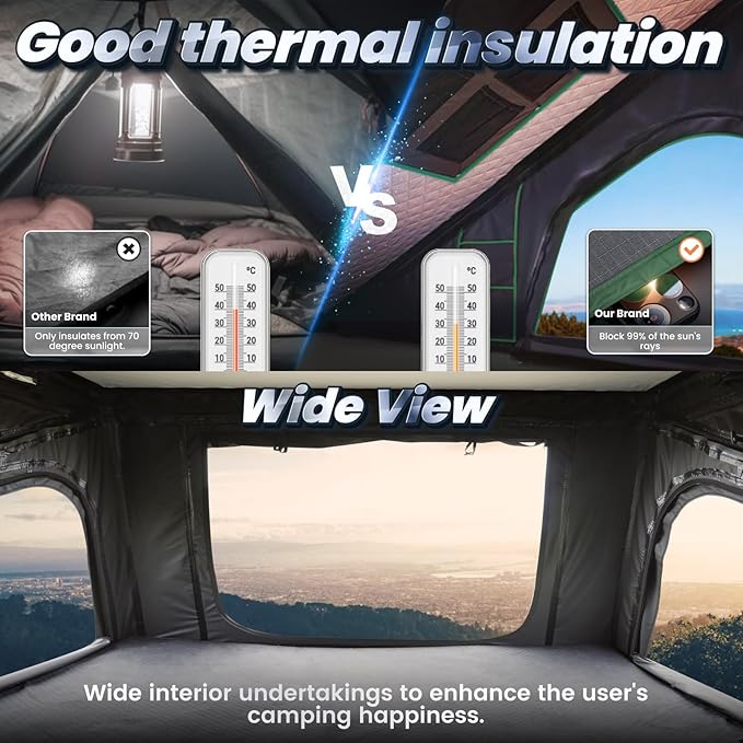 WildFinder rooftop tent good thermal insulation and wide-view interior