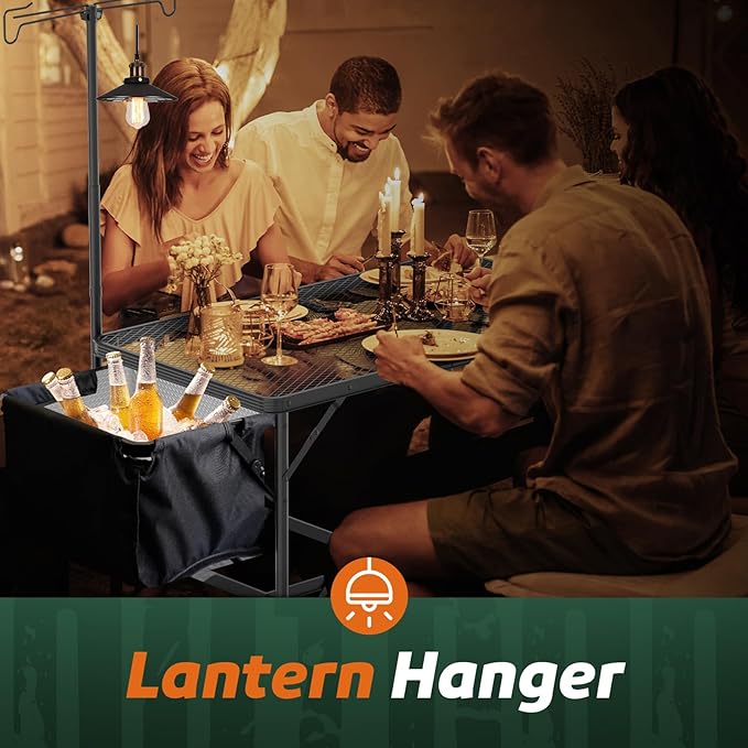 WildFinder cooking station with lantern hanger at an evening dinner