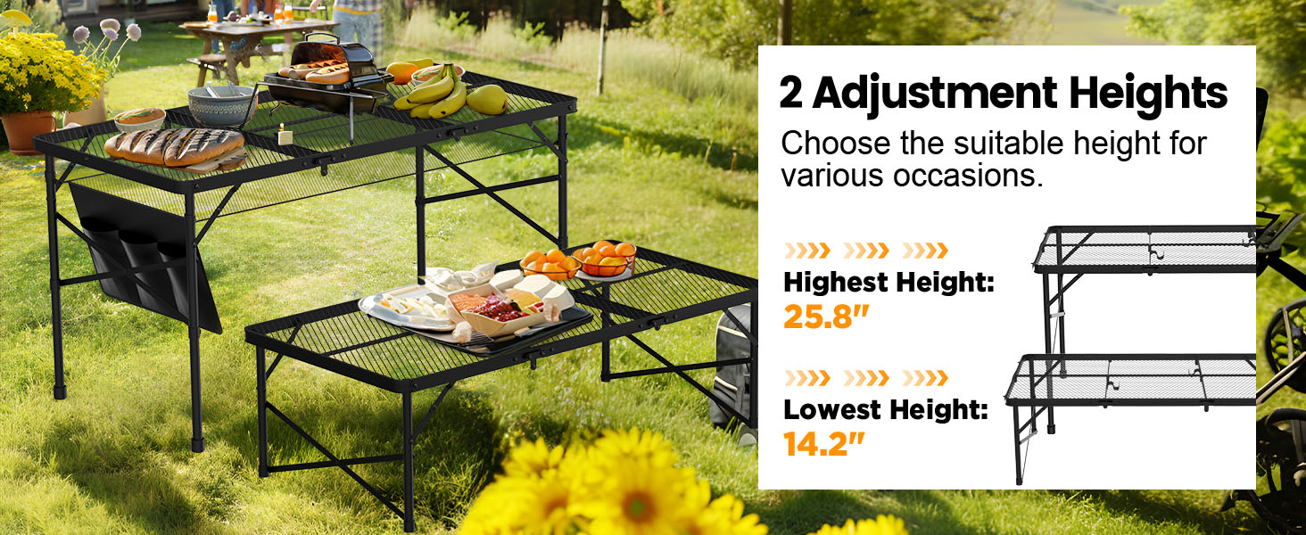 WildFinder 4x2 FT folding table two adjustment heights, 25.8 and 14.2 inches