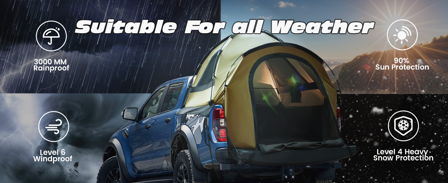 WildFinder truck bed tent suitable for all weather: 3000mm rainproof, UV, wind and snow protection