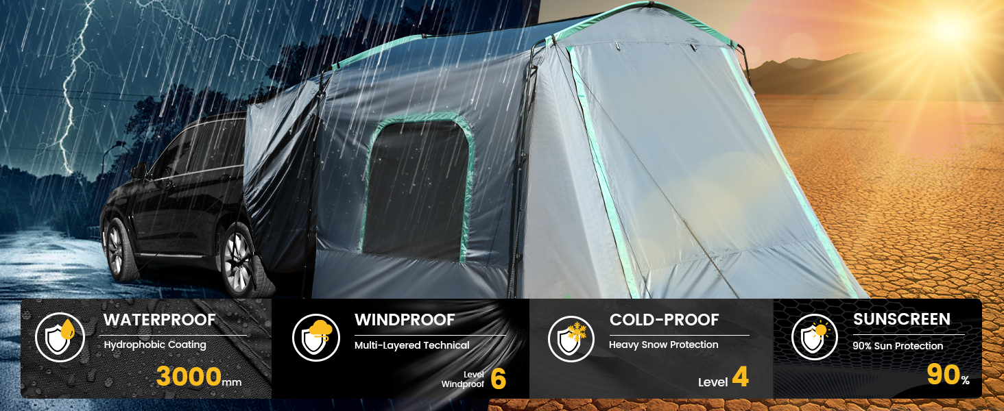 WildFinder SUV tent ratings: 3000mm waterproof, windproof, cold-proof and 90% sunscreen