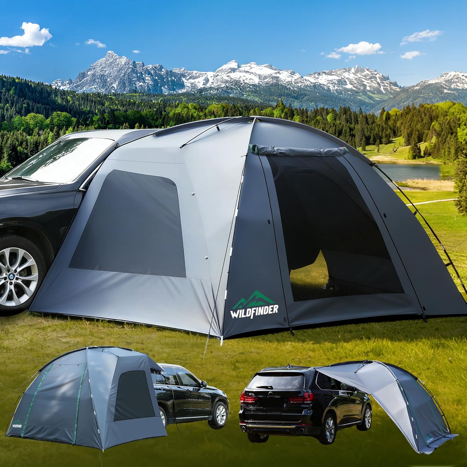WildFinder grey car-side awning tent mounted to the side of an SUV