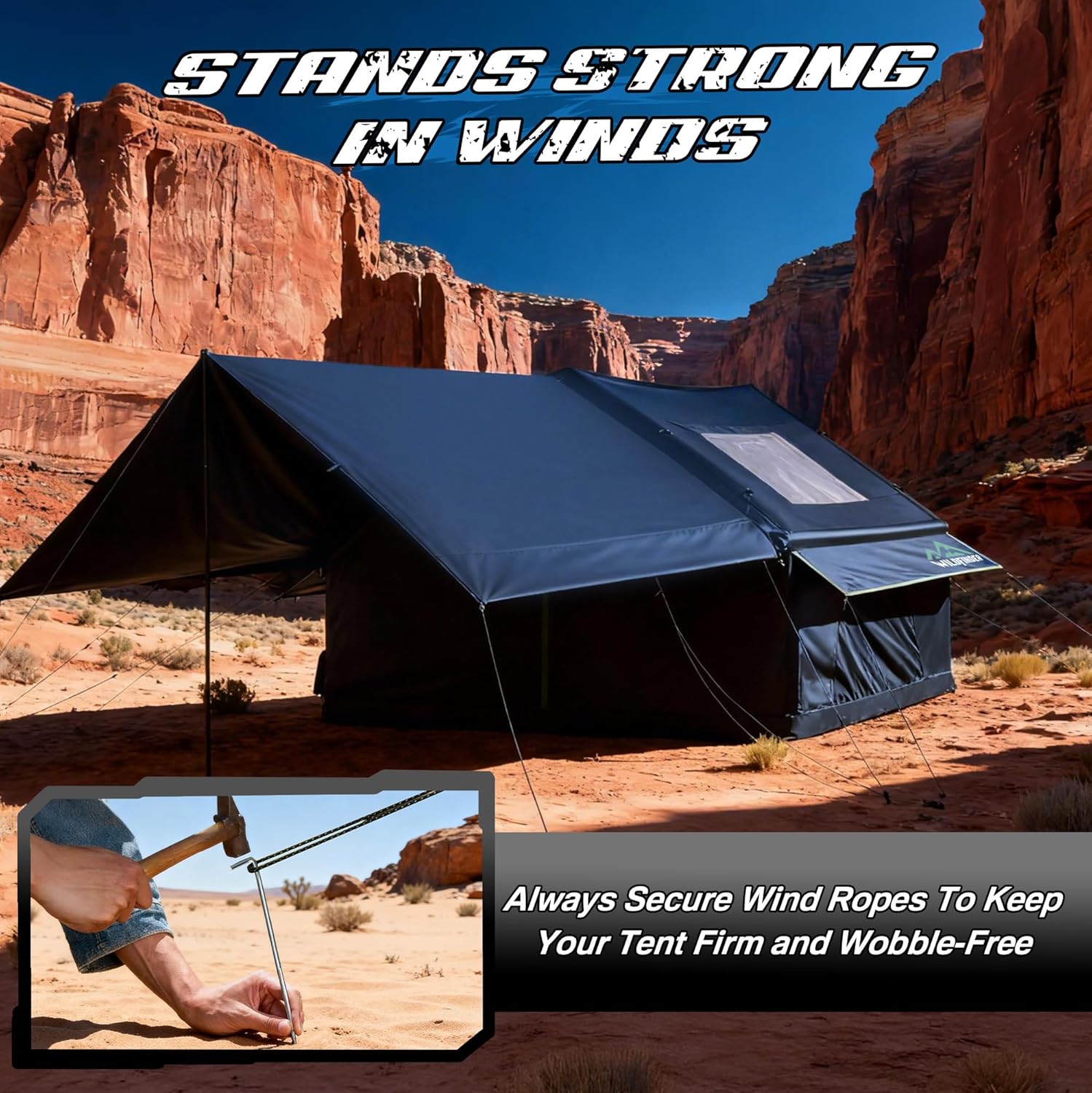WildFinder black inflatable tent stands strong in winds with secured wind ropes