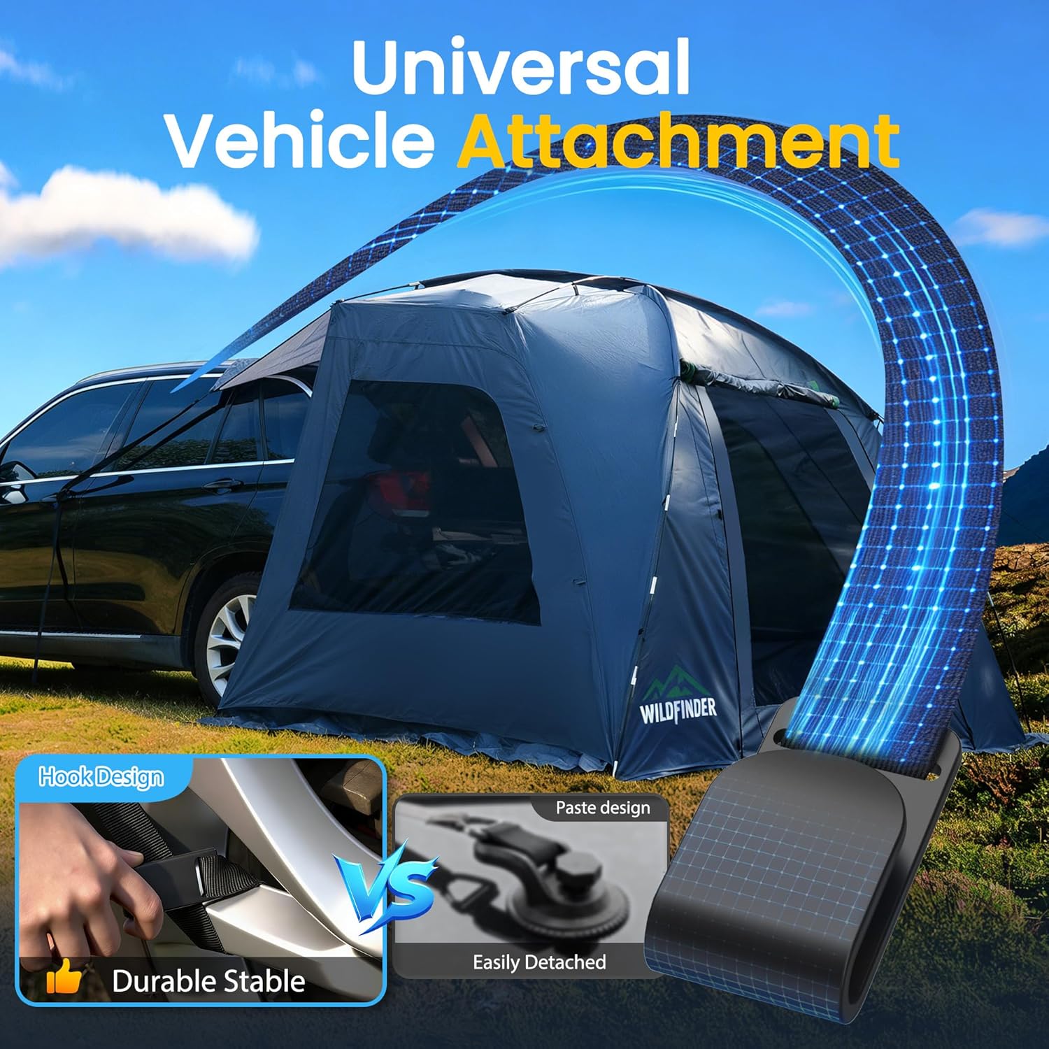 WildFinder car-side awning tent universal vehicle attachment with durable hook design