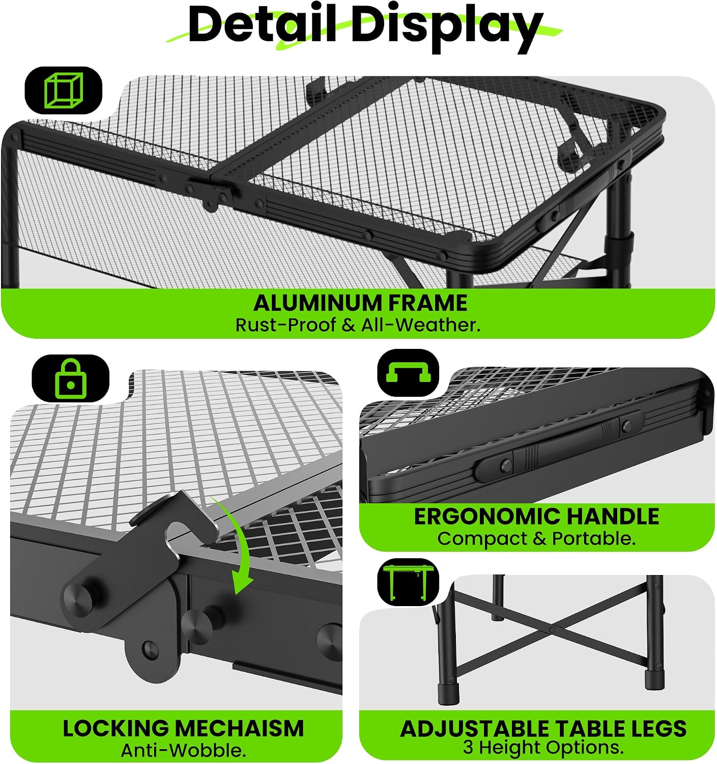 WildFinder 3x1.3 FT table detail: aluminum frame, locking mechanism, adjustable legs
