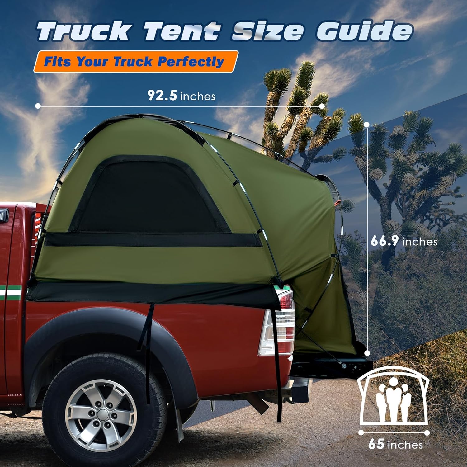 WildFinder truck bed tent size guide showing 92.5 inch length and 66.9 inch height