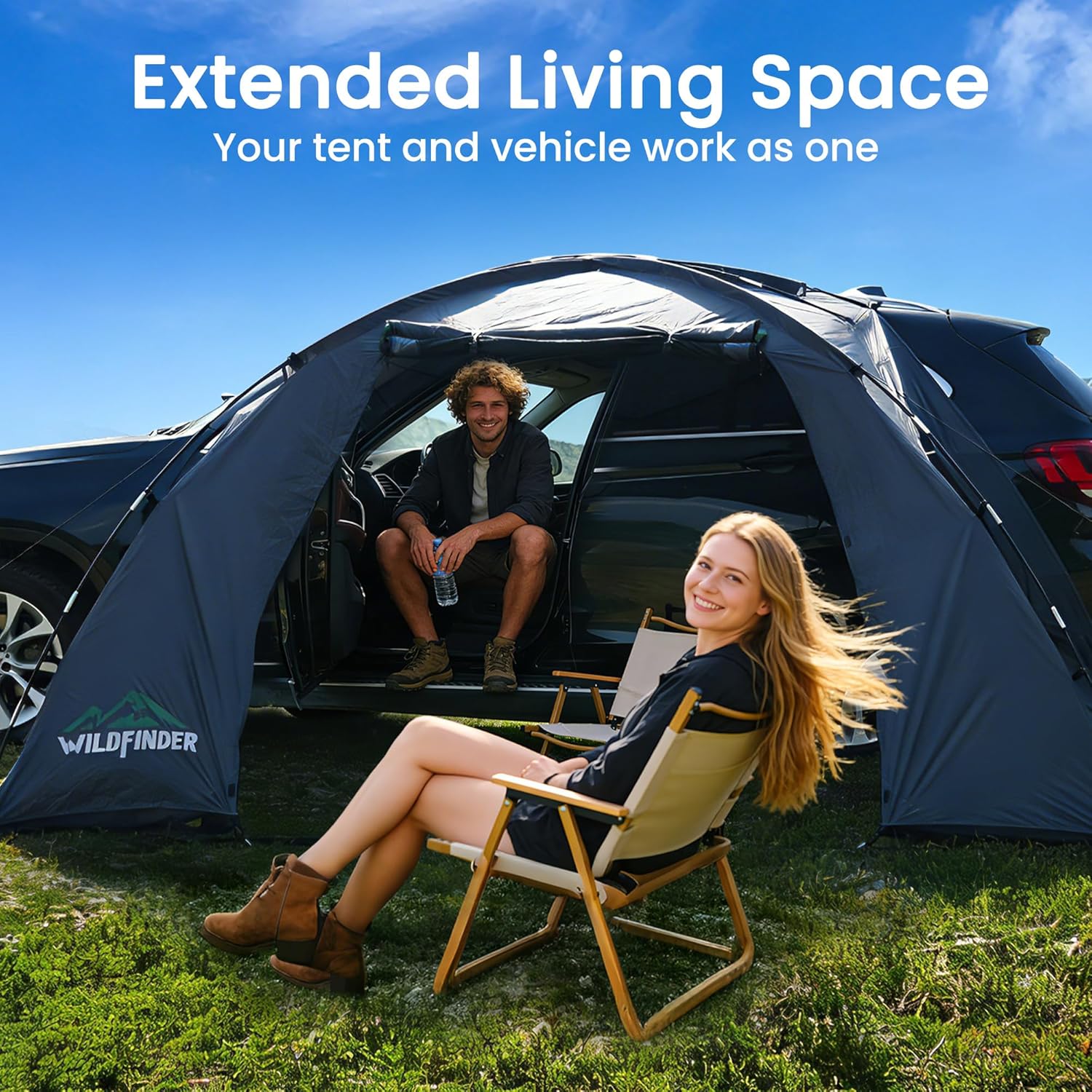 WildFinder car-side awning tent extended living space, tent and vehicle work as one