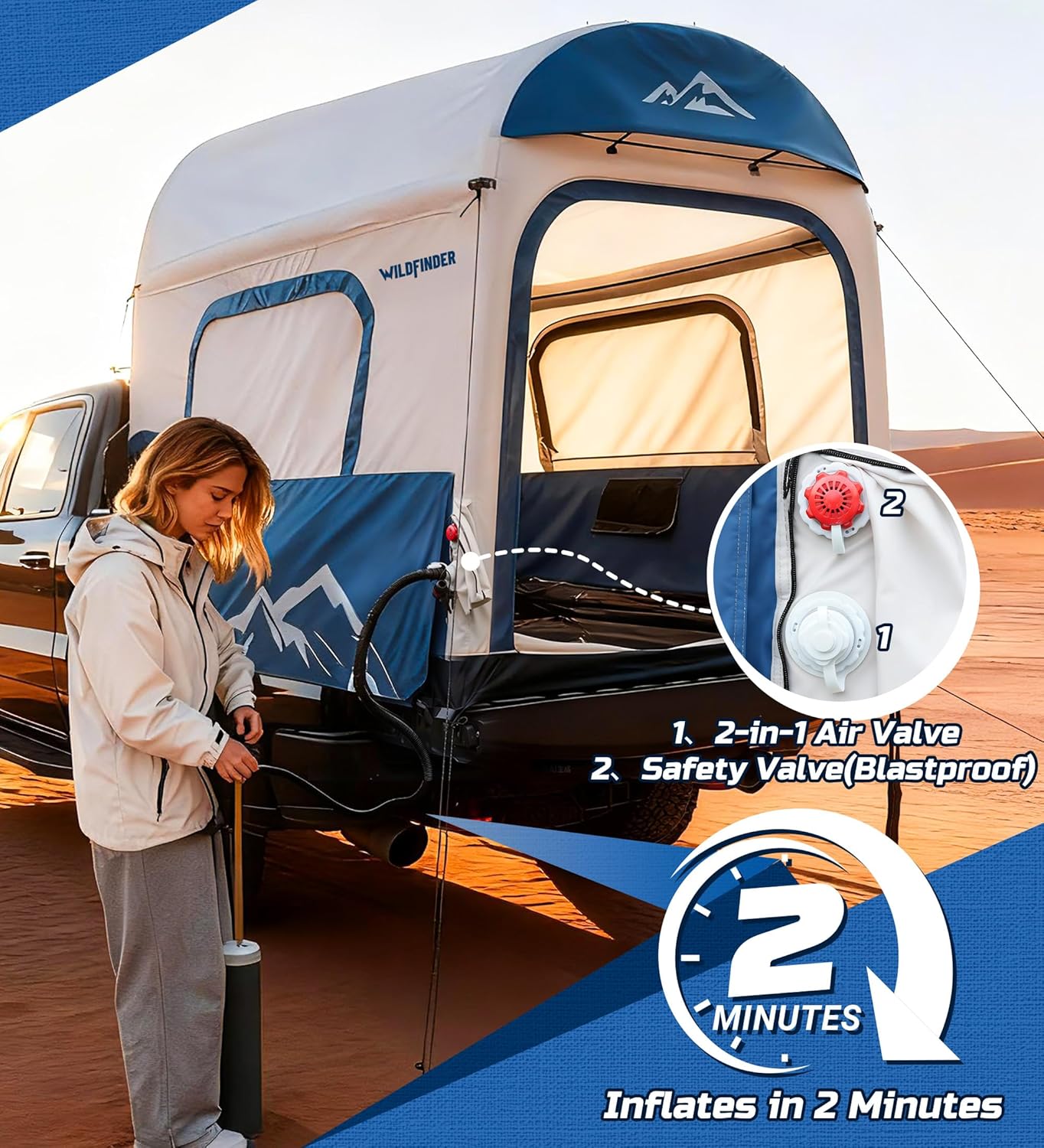 WildFinder inflatable truck bed tent inflating in 2 minutes with pump and 2-in-1 air valve