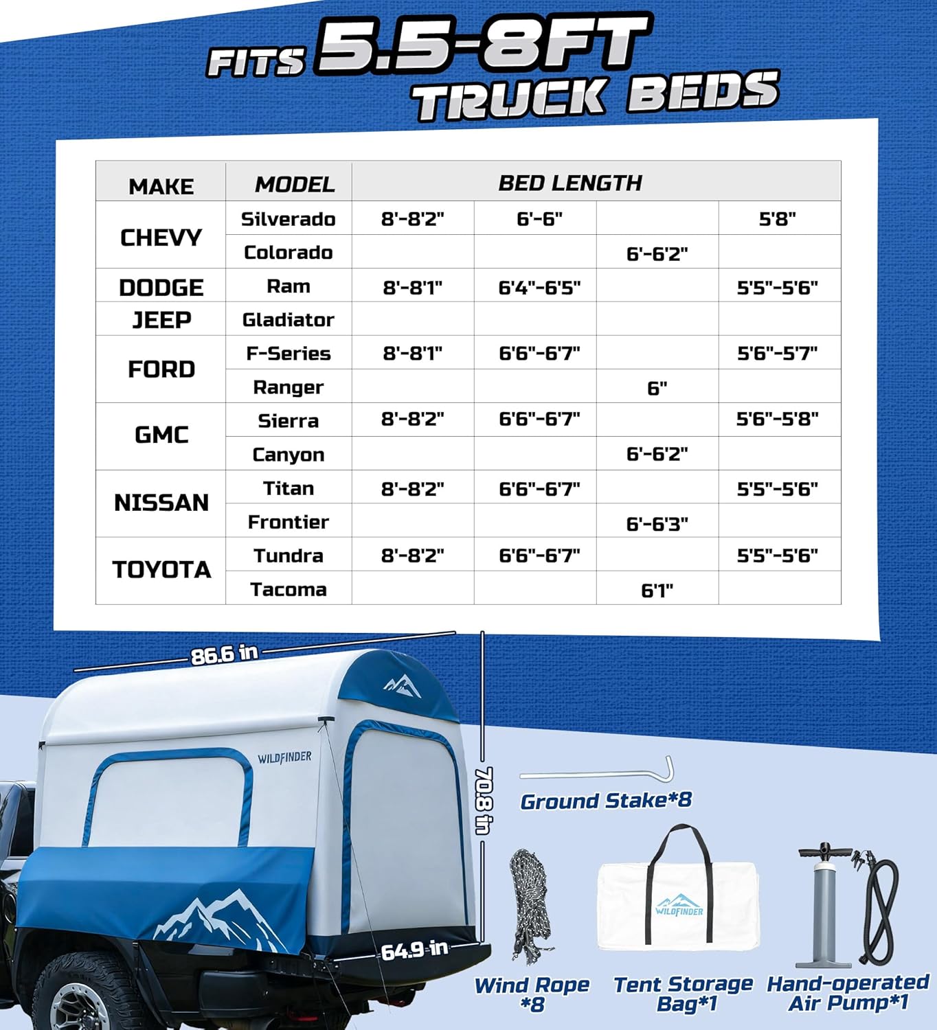 WildFinder inflatable truck bed tent fits 5.5-8ft beds compatibility chart with included accessories